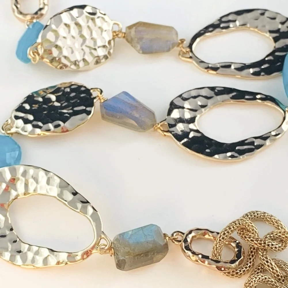 ALEXIS BITTAR • NEW Long Hammered Gemstone Mesh Custom Textured Link Necklace